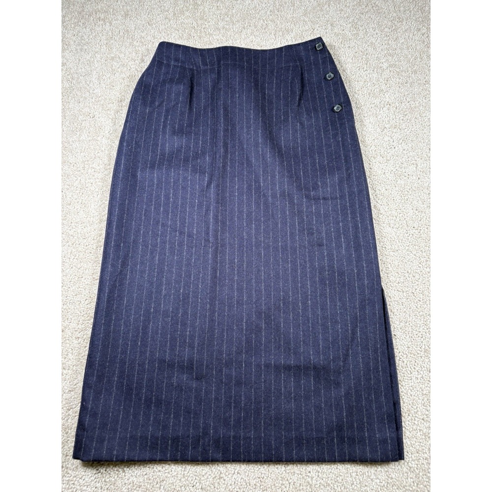 VTG Calvin Klein Wool Blend Pinstripe Midi Skirt Side Button Navy Blue Sz 8